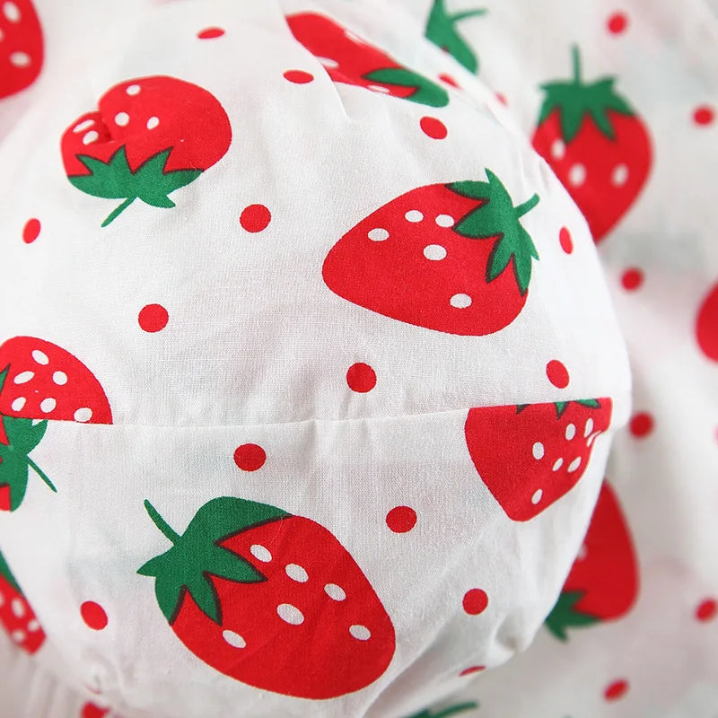 Baby Dress 2024 Summer New Girl's Sweet Bow Dress Children's Strawberry Print Small Fresh Casual Dress+Hat Children's Wear