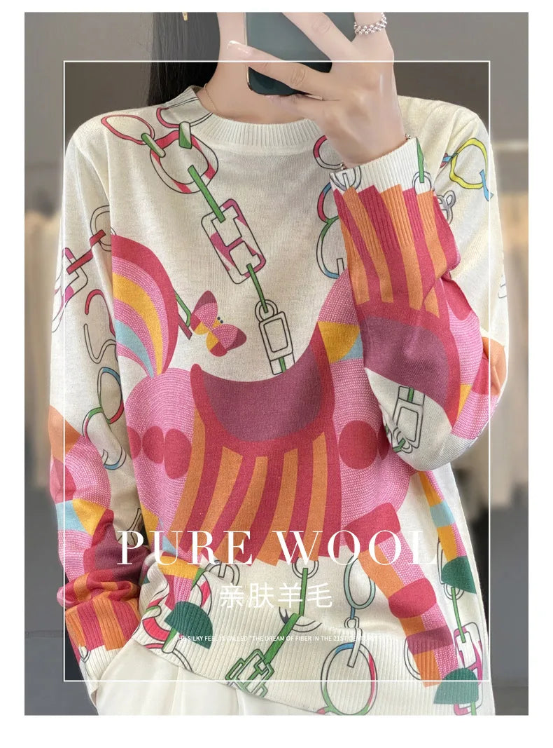 Autumn And Winter New Worsted Wool And Mulberry Silk Printed Round Neck Sweater Fashion Joker Knit Loose Bottoming Shirt Top