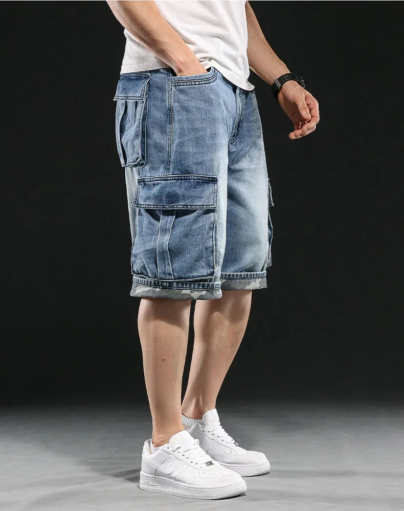 Men's Wide-leg Denim Shorts Multi Pocket 7 Point Work Cargo Jeans Shorts Fat Plus Size Denim Shorts Male