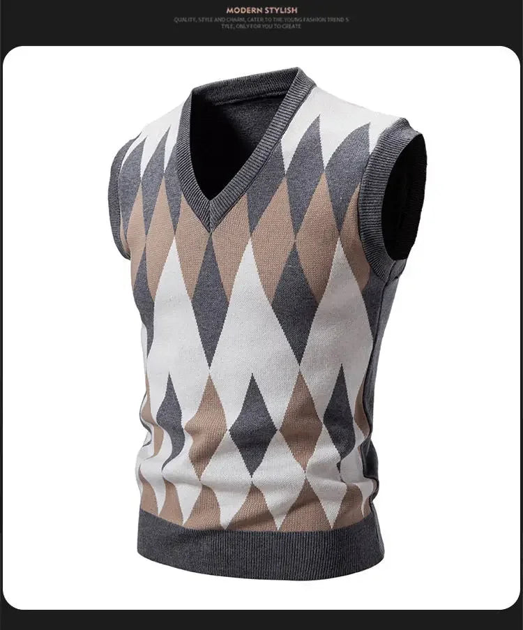 New Knitted Thread Men's Fashion Embroidery Color Matching V-neck Sleeveless Sweater Casual Lining Vest Men's Top