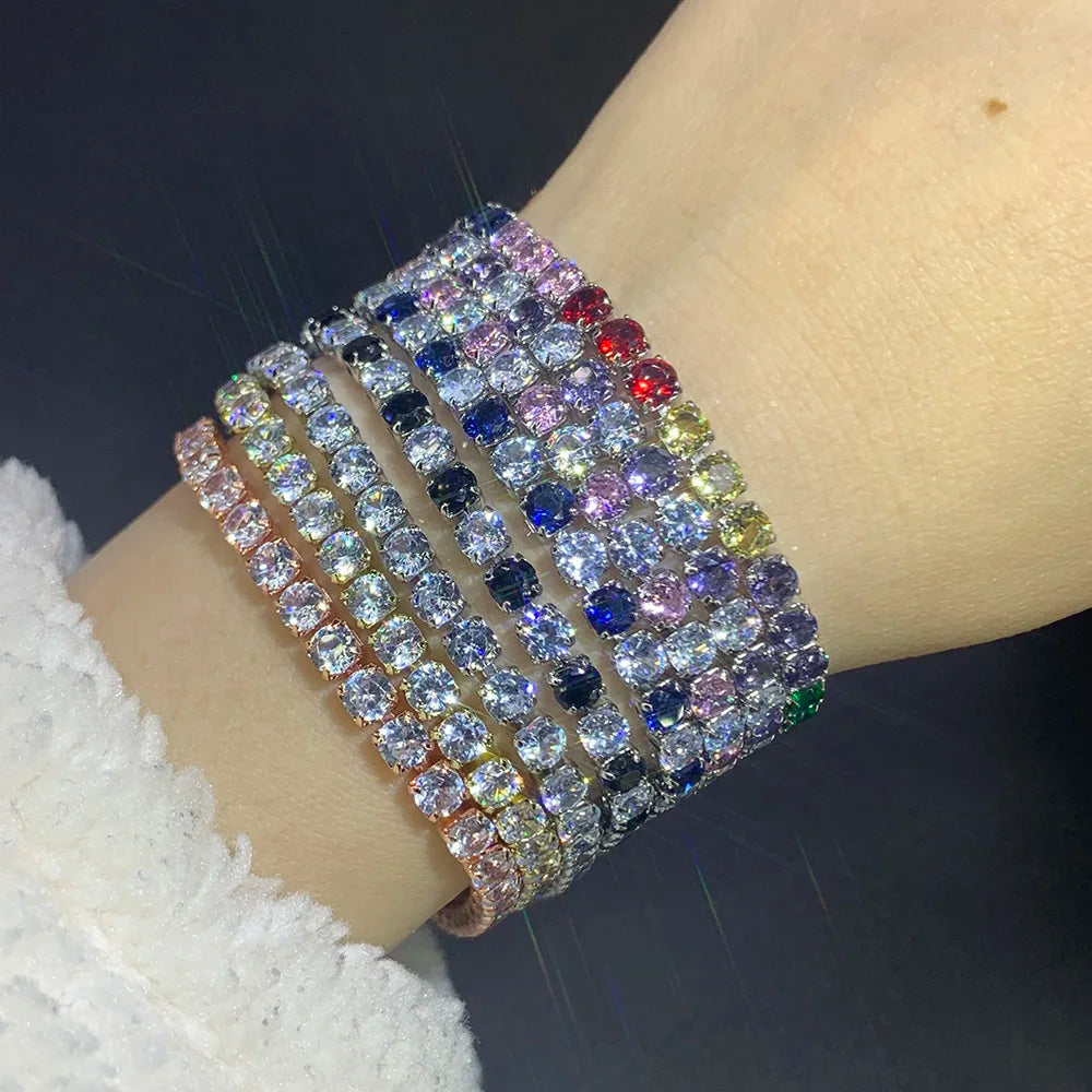 Colorful Zircon Tennis Bracelet Bangle for Women Luxury Silver Color 4mm Rainbow Crystal Hand Chain Jewelry Friend Gifts H027-M