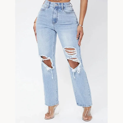 Women Mom Jeans Pant Long Pants Hollow Out Blue Elegant High Waist Pencil Elegant Wide Leg Streetwear Y2k Denim Trousers 2024