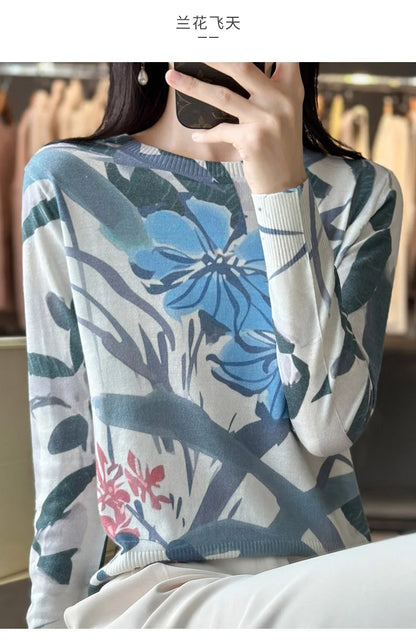 Autumn And Winter New Worsted Wool And Mulberry Silk Printed Round Neck Sweater Fashion Joker Knit Loose Bottoming Shirt Top