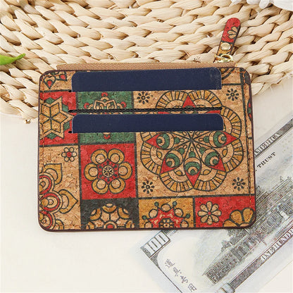 Retro Printed Card Holder Wallet For Woman Multi-Slot Card Case Cork Ultra Thin Zipper Coin Purse Small Change Pocket Pouch