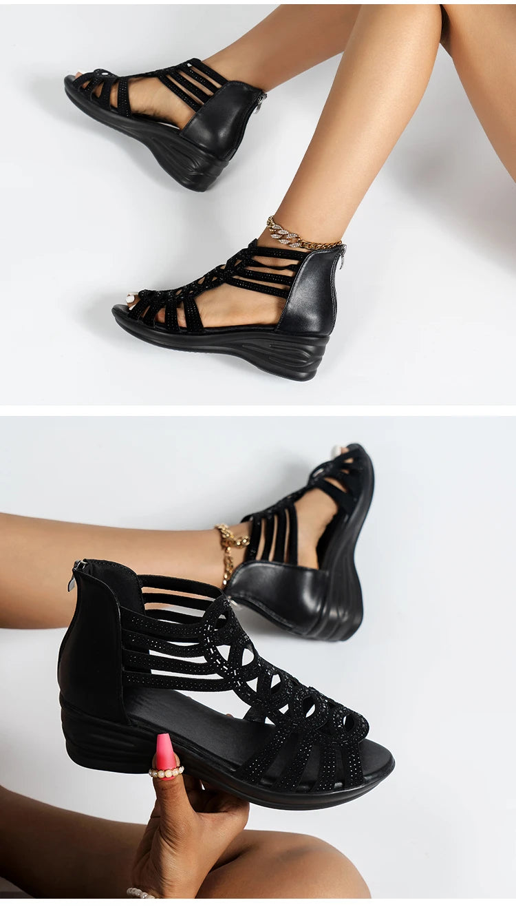 Aphixta Fashion Woman Gladiator Sandals Zip Close Peep Toe Women Summer Hollow Shoes Black Color Ladies Wedge Shoes Big Size 43