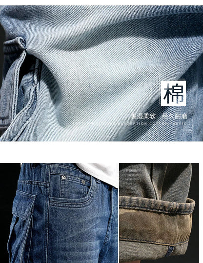 Men's Wide-leg Denim Shorts Multi Pocket 7 Point Work Cargo Jeans Shorts Fat Plus Size Denim Shorts Male