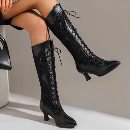 Women Victorian Pointed Toe Mid-Calf Boots Leather Lace Hollow Out Punk Lace Up Strange Steampunk High Heel Shoes Plus Size32-43