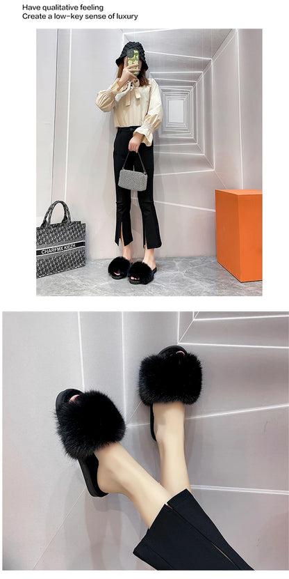 New Woman Slippers Winter Simple Word Fur Flats Soft Home Women Slippers Faux Fur Warm Bedroom Leisure Female Shoes