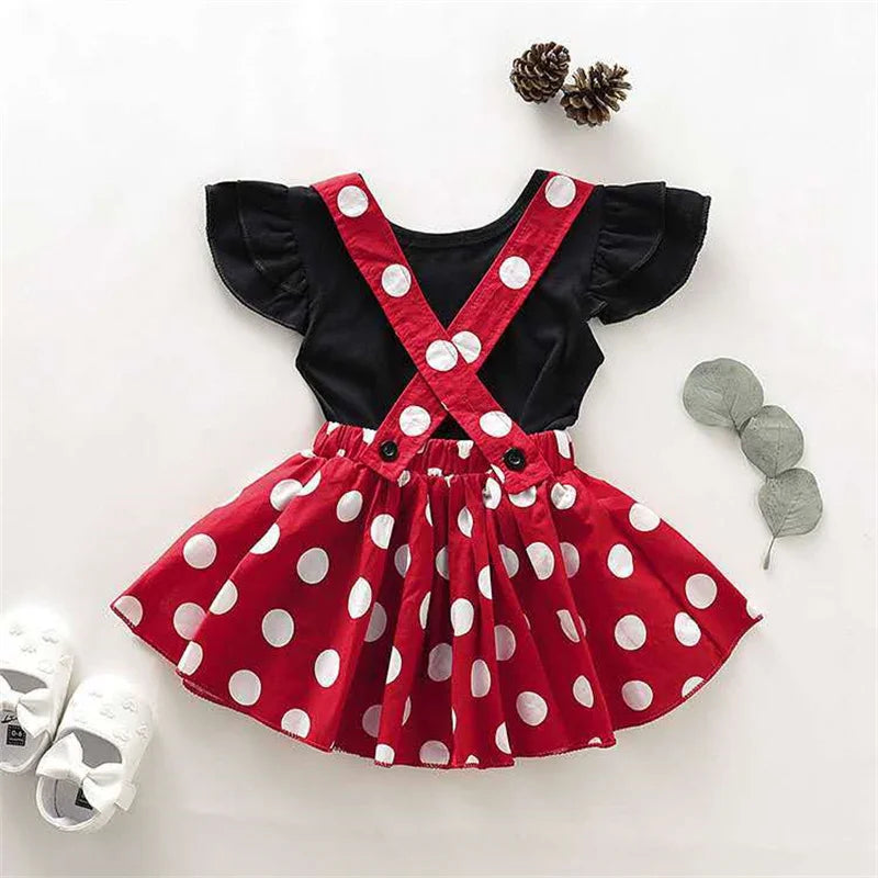 2Pcs/Set Cartoon Polka Dot Baby Girl Evening Dresses Bow Kids Birthday Party Princess Toddler Children Clothes Suit 0 To 4 Years