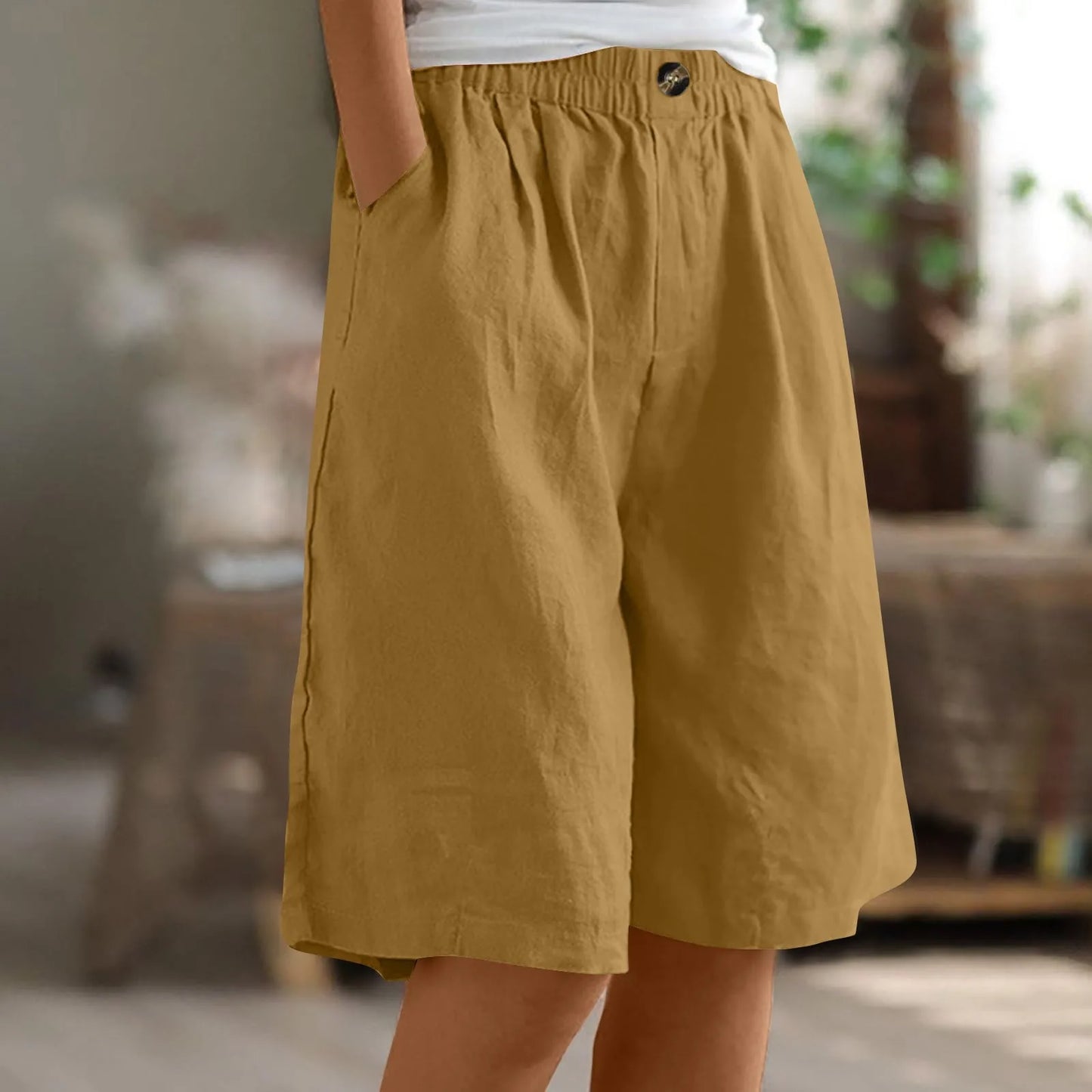 Women's Fashion Solid Color Pants Pocket Button Up Capris Loose Elastic Waist Cotton Linen Shorts