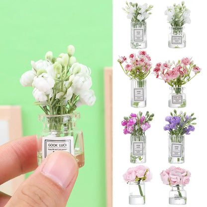 1:12 Scale Dollhouse Flower Vase Doll Accessories Pink Rose White Jasmine Mini Floral Arrangement