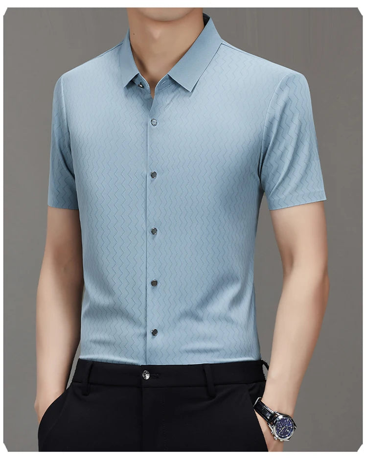 New Brand Ice Silk Breathable Business Casual Striped Shirt 2024 Designer Summer Short-sleeve Camisas Y Blusas Ropa Men Clothing