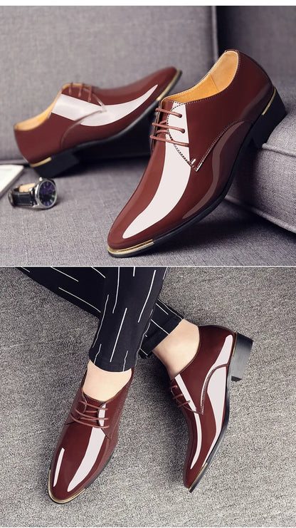 2024 New Men’s Patent Leather Shoes  British Style Men's Dress Shoes Lace Up Pointed Toe Wedding Business Party Social Shoe Male