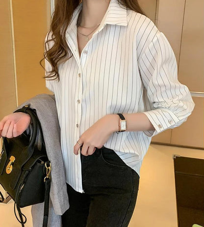 Striped Shirt Women Summer Vintage Chic Loose Long Sleeve Top Y2K Office Ladies Fashion Casual Turn Down Collar All Match Blouse