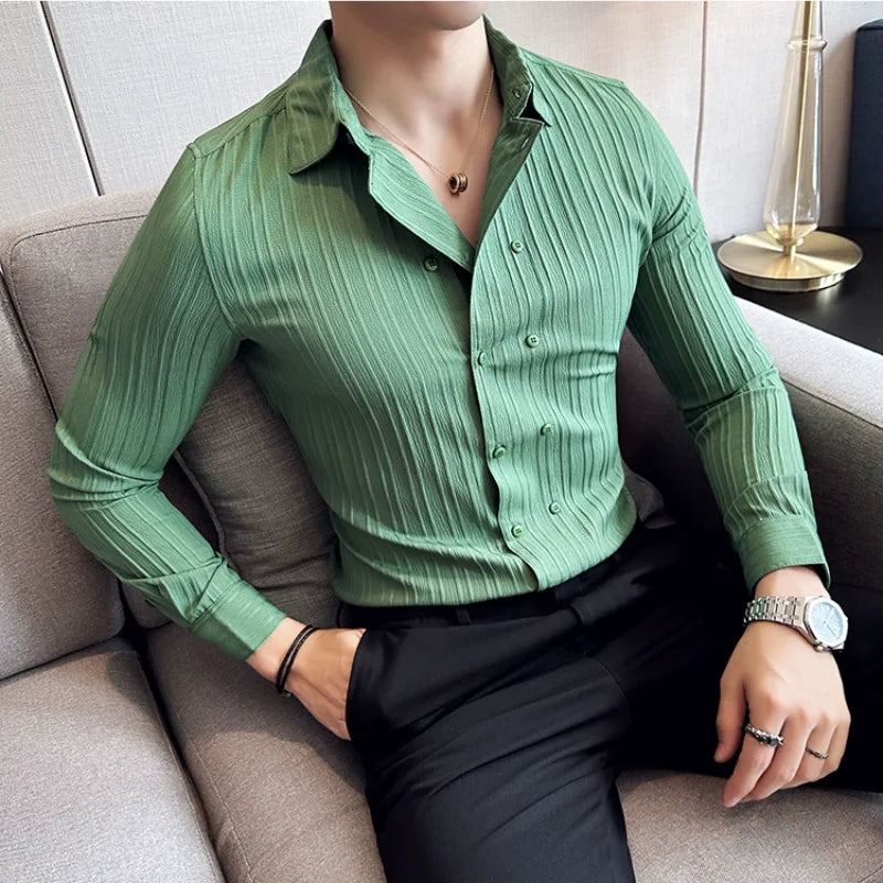 British Style Men Double Breasted Shirt 2023 Autumn New Long Sleeved Striped Slim Fit Shirts Formal Business Social Party Tuxedo