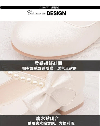 White Bow Spring and Autumn Girls High Heel Princess Shoes Pearl Tide Pumps