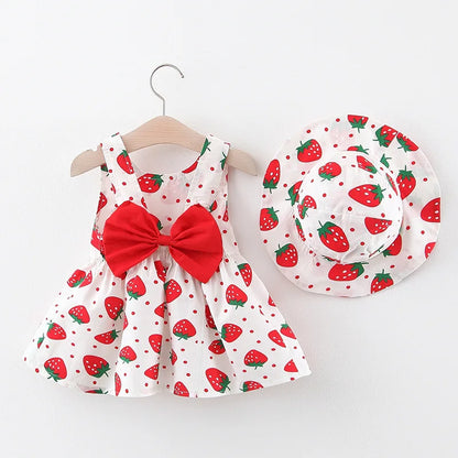 Baby Dress 2024 Summer New Girl's Sweet Bow Dress Children's Strawberry Print Small Fresh Casual Dress+Hat Children's Wear