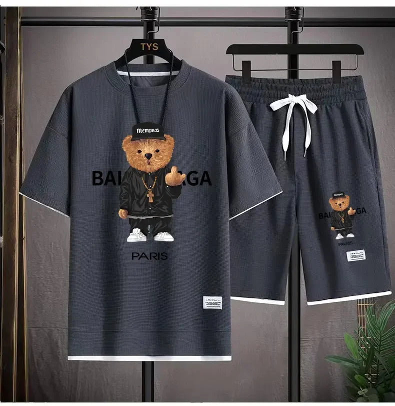 2024 Korean fashion Printed bear T-Shirts Shorts Men's Sets Luxury leisure 2 Piece Outfit Streetwear Summer Quality Tracksuit