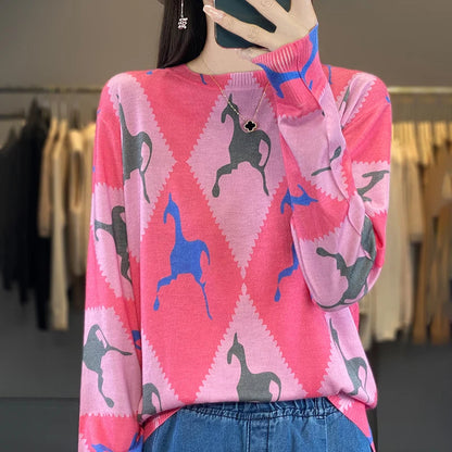 Autumn And Winter New Worsted Wool And Mulberry Silk Printed Round Neck Sweater Fashion Joker Knit Loose Bottoming Shirt Top