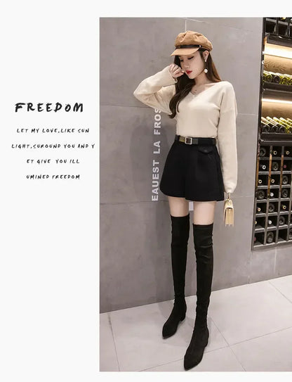 2024 New Women's Woolen Shorts A-line Loose High-Waisted Casual Thick Boots Pants for Autumn Winter Comfortable Bootcut Black