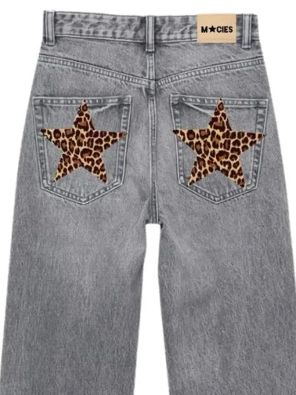 Harajuku Leopard Print Five pointed Star Pattern Blue Loose Jeans American Jeans Y2K Women Retro High-waisted Slim Trousers