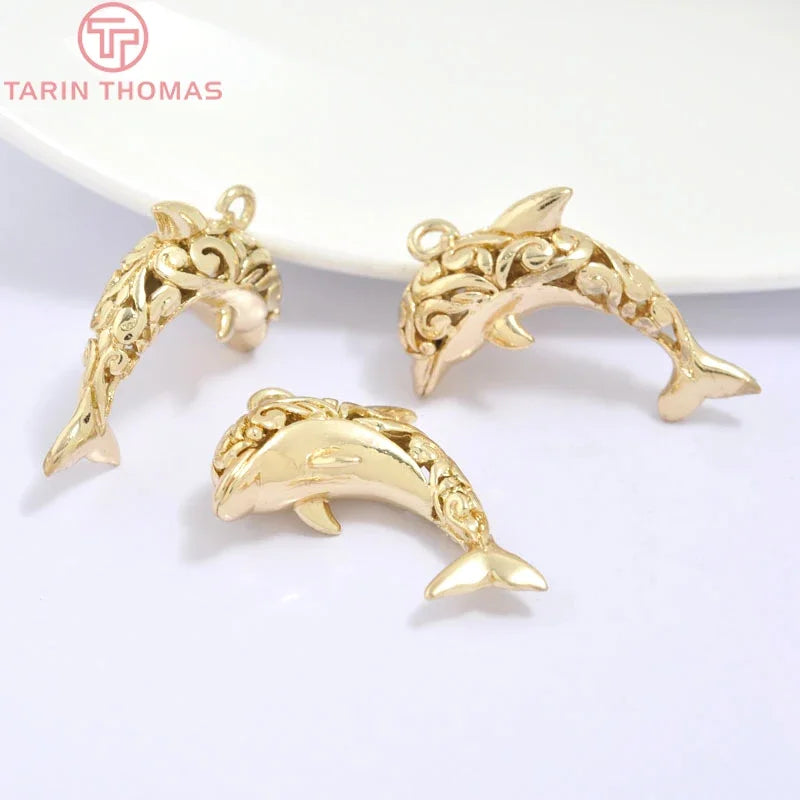 (129) 12x23MM 24K Gold Color Plated Brass Fish Charms Pendants High Quality Jewelry Accessories