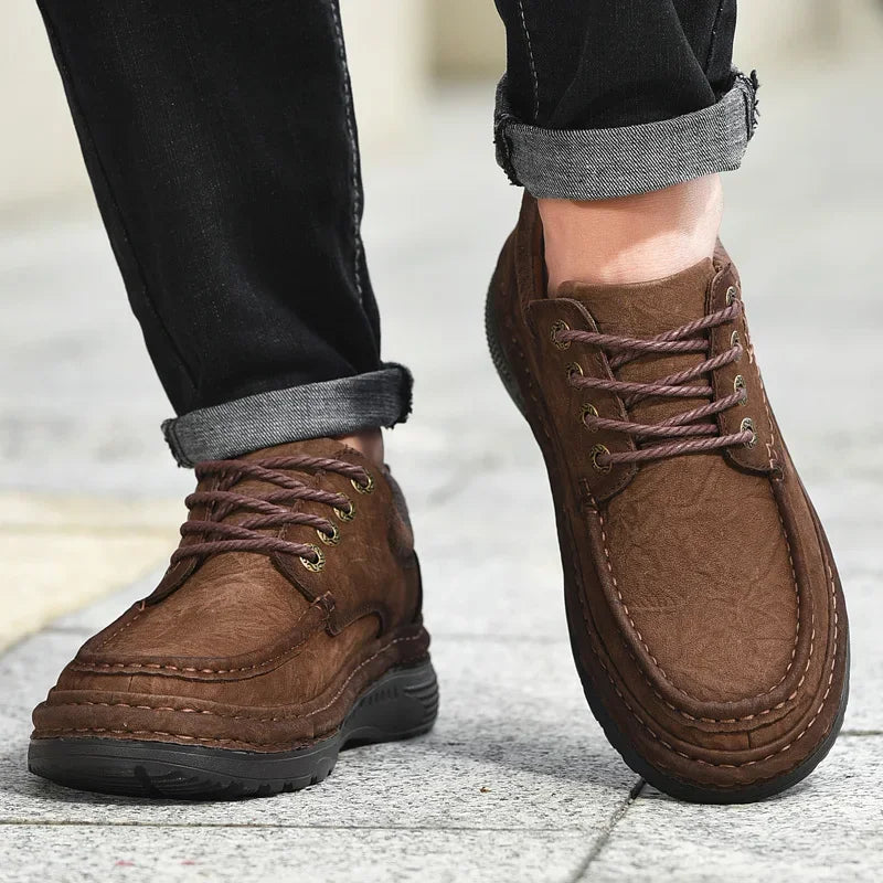 Handmade Genuine Leather Shoes Autumn Winter Vintage Style Casual Men Shoes Lace-Up Ankle Hiking Shoes