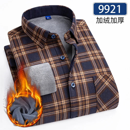 New 5XL men's shirt autumn and winter plus fleece thickened warm long sleeve non-ironing plaid business casual slim-fit fashion