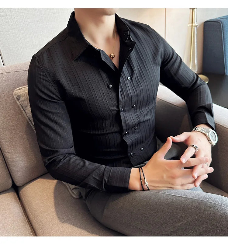 British Style Men Double Breasted Shirt 2023 Autumn New Long Sleeved Striped Slim Fit Shirts Formal Business Social Party Tuxedo