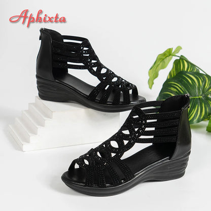 Aphixta Fashion Woman Gladiator Sandals Zip Close Peep Toe Women Summer Hollow Shoes Black Color Ladies Wedge Shoes Big Size 43