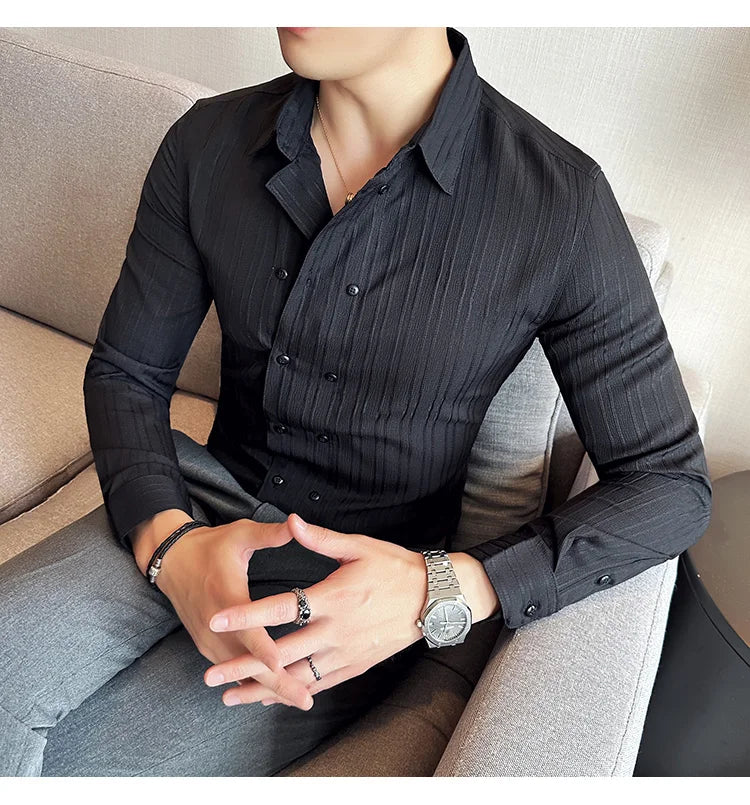 British Style Men Double Breasted Shirt 2023 Autumn New Long Sleeved Striped Slim Fit Shirts Formal Business Social Party Tuxedo