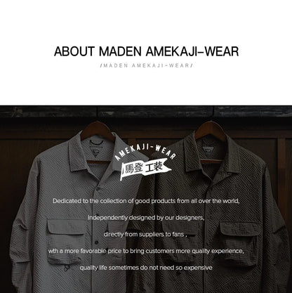 Maden Outdoor Cuban Collar Seersucker Long-sleeved Shirt No-iron Anti-wrinkle with Pocket Design Thin Solid Color Shirt for Men