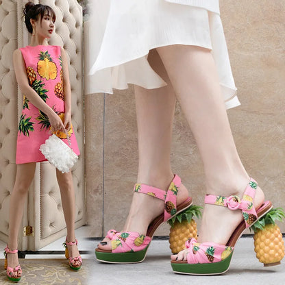 Summer Pink Pineapple Print Open-toe Platform Sandals Sweet Women High-heel Buckle Strappy Women Shoes Lovely Sandalias Mujer