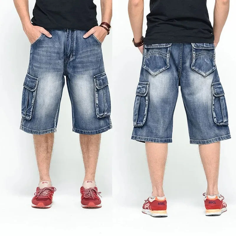 Men's Wide-leg Denim Shorts Multi Pocket 7 Point Work Cargo Jeans Shorts Fat Plus Size Denim Shorts Male