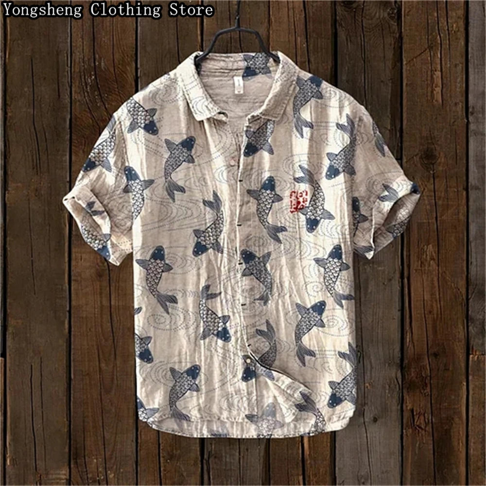 Men's Short Sleeve Linen Printed Shirt 2024 Japan Hot Selling Carp Print Holiday Daily Casual Wear Large Size XS-5XL