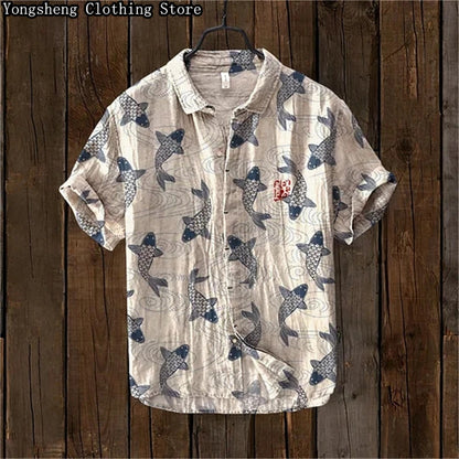 Men's Short Sleeve Linen Printed Shirt 2024 Japan Hot Selling Carp Print Holiday Daily Casual Wear Large Size XS-5XL