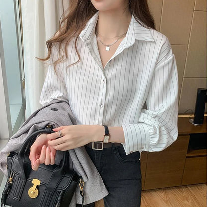 Striped Shirt Women Summer Vintage Chic Loose Long Sleeve Top Y2K Office Ladies Fashion Casual Turn Down Collar All Match Blouse