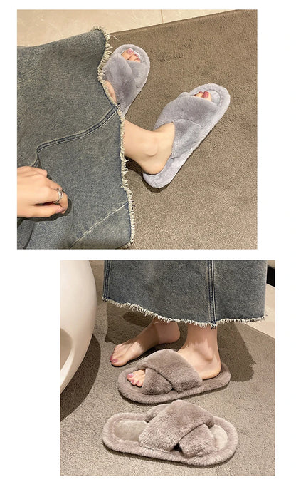 Casual Fluffy Slippers Women House Flats Plush Designer Platform Winter Shoes Girls Elegant Warm Home Fashion Popular Footwear