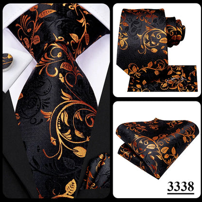 Hi-Tie Black Floral Silk Wedding Tie For Men Handky Cufflink Elegant Necktie For Men Fashion Designer Business Party Dropshiping