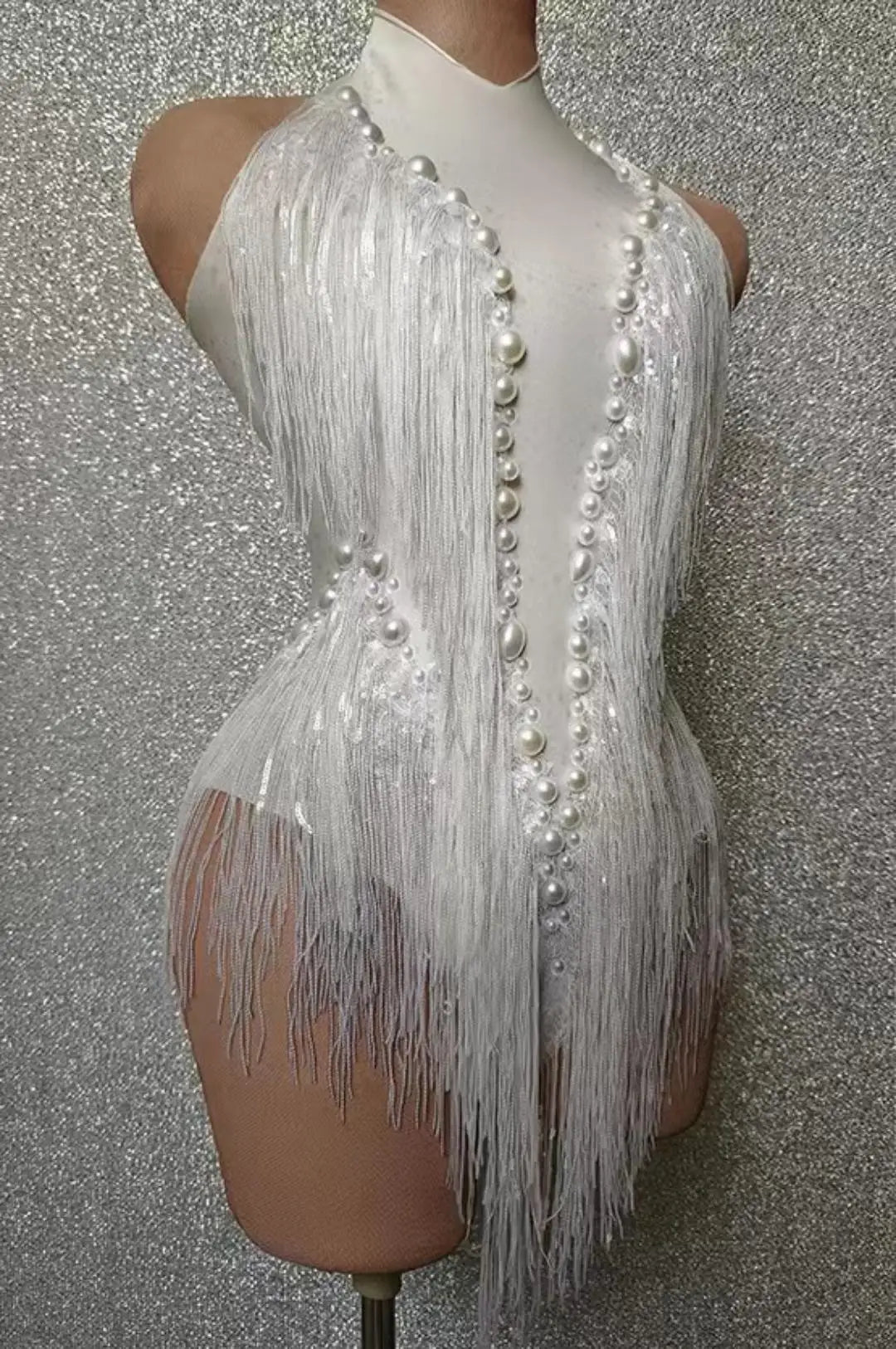 Sparkly White Pearls Fringes Leotard Sexy Tassel Bodysuit Jazz Dance Costume One-piece Stage Wear Dancer Performance Show Shuye