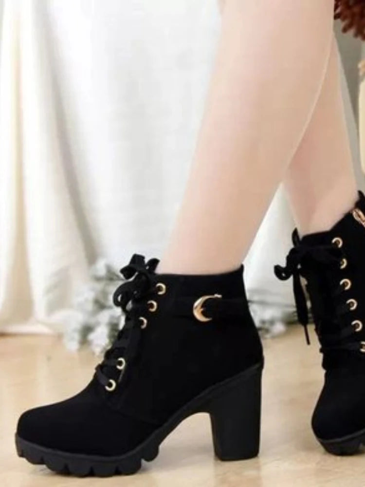 Winter 2023 New High Heeled Women Boots Cross Straps Short Boots Comfortable Waterproof Boots Warm Plus Size 42 Botas Femininas