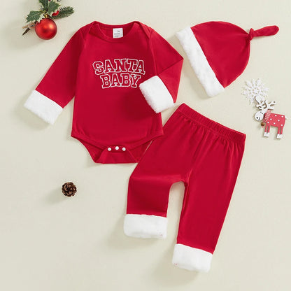 My First Christmas Baby Boy Outfit Long Sleeve Santa Baby Romper Red Long Pants Xmas Hat 3Pcs Christmas Outfit