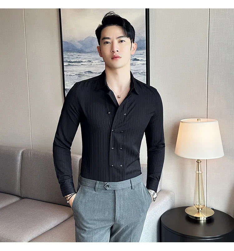 British Style Men Double Breasted Shirt 2023 Autumn New Long Sleeved Striped Slim Fit Shirts Formal Business Social Party Tuxedo