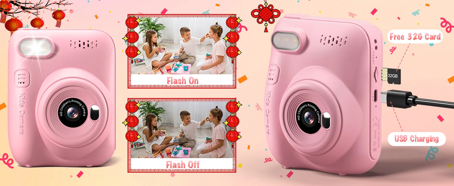 Instant Print Camera for Kids, 3.0" Kids Camera for 6-12 Year, 32MP HD 1080P Digital Camera with 3 Rolls of Printer Paper