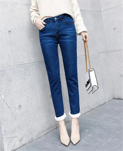 Winter Fleece Lined Denim Pencil Pants Women Thicken Warm Lamb Fluff Jeans High Waist New Slim Vaqueros Big Size 34 Kot Pantolon