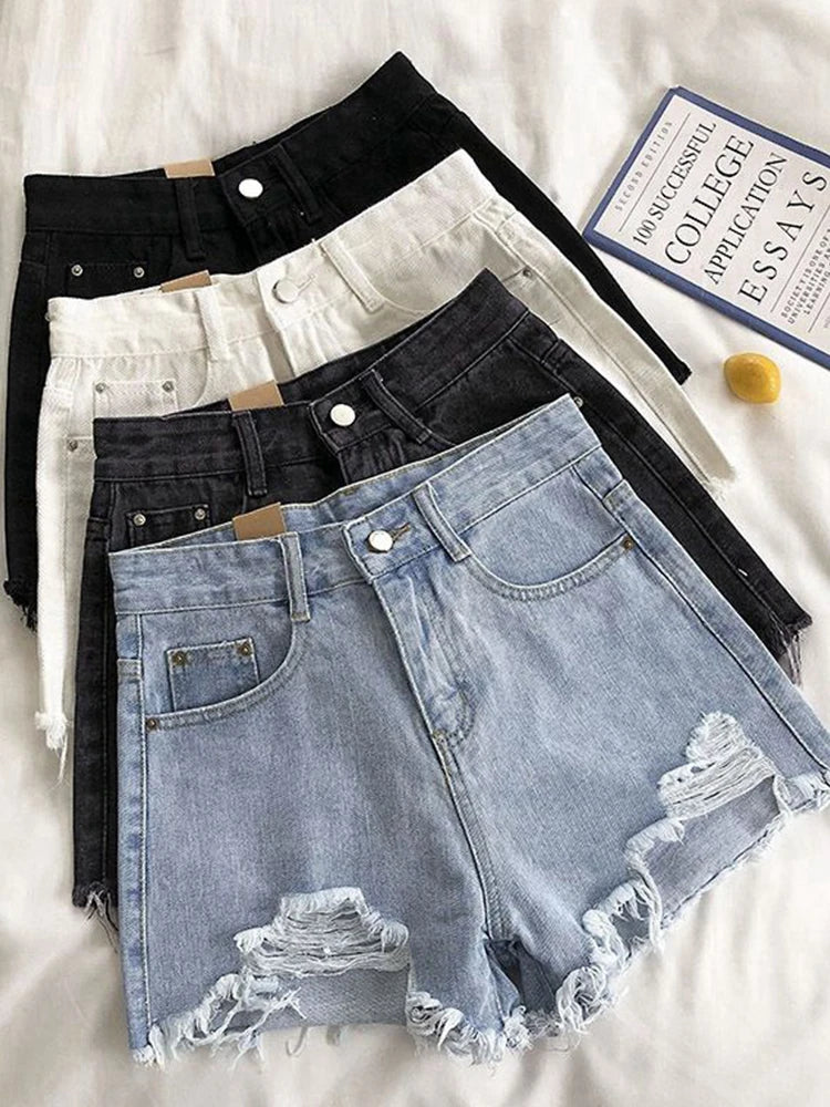 Women's Ripped Jeans Short Pants, Casual High Waist Denim Shorts, Female Clothing, Summer Pocket Hole, 2023