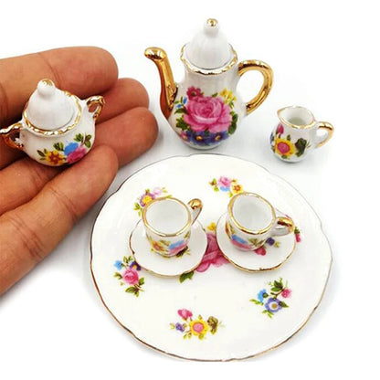 8Pcs 1:12 Dollhouse Miniature Dining Ware Porcelain Tea Set Dish Cup Plate