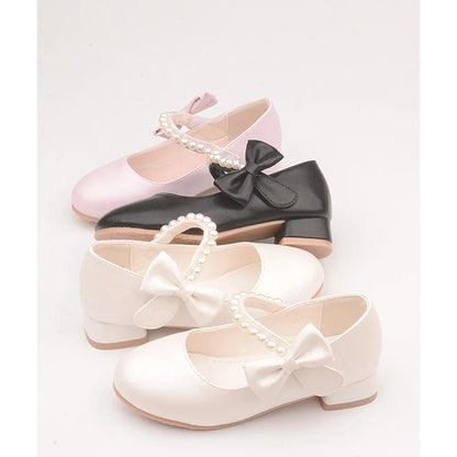 White Bow Spring and Autumn Girls High Heel Princess Shoes Pearl Tide Pumps