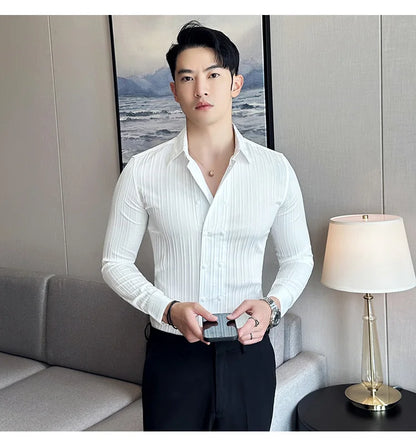 British Style Men Double Breasted Shirt 2023 Autumn New Long Sleeved Striped Slim Fit Shirts Formal Business Social Party Tuxedo