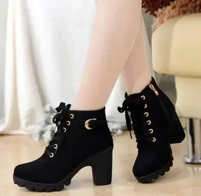 Winter 2023 New High Heeled Women Boots Cross Straps Short Boots Comfortable Waterproof Boots Warm Plus Size 42 Botas Femininas